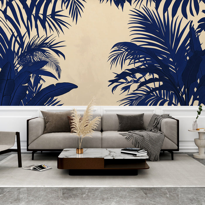 Beige Foto Behang met Bladpatronen | Donkerblauwe Tropische Plantomtrekken op Beige Achtergrond