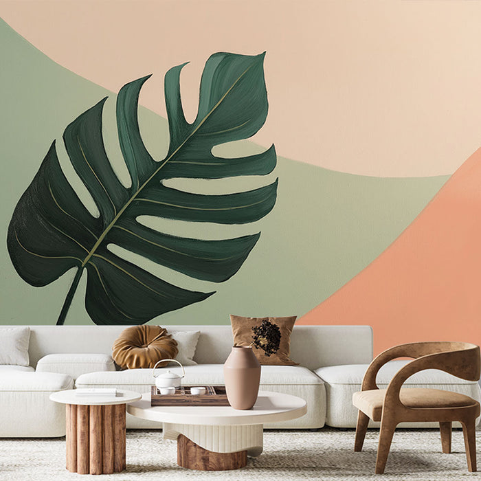Papel de parede bege com padrões de folhagem | Folha tropical em fundo pastel suave