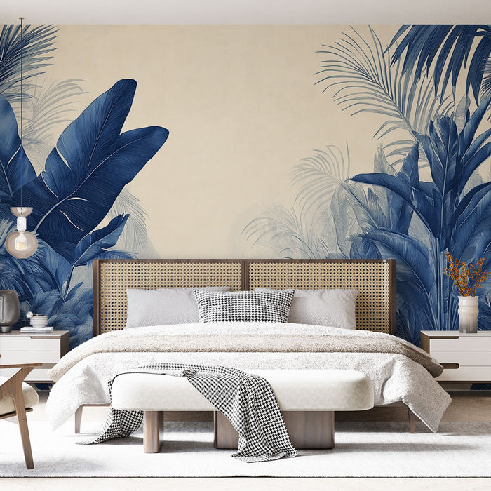 Tapeta bež z vzorci listja | Eleganten tropski dizajn v odtenkih modre