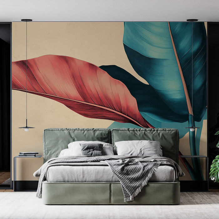 Foto Behang beige met bladpatronen | Kleurrijke bladeren op een zachte achtergrond