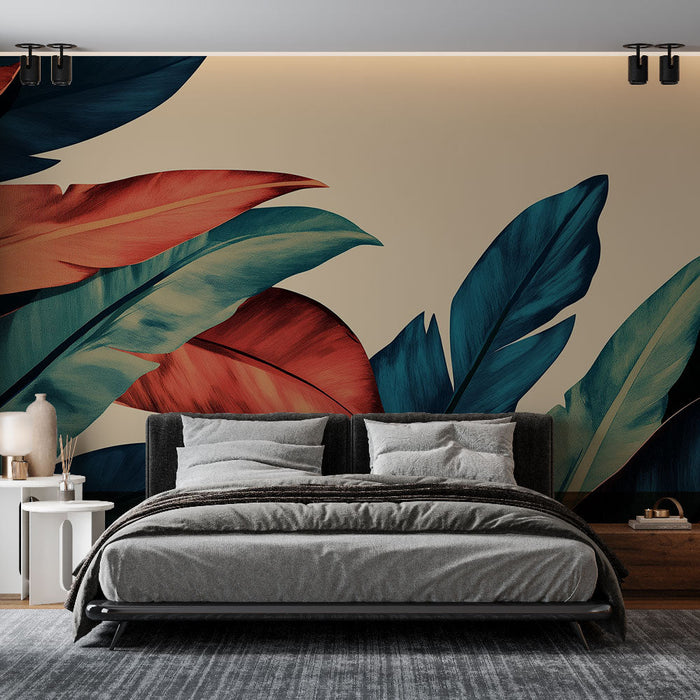 Mural Wallpaper beige with leaf patterns | Colorful leaves on a neutral background