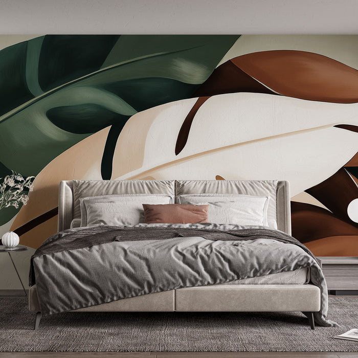 Foto Behang beige met bladpatronen | Gestileerde bladeren in natuurlijke tinten