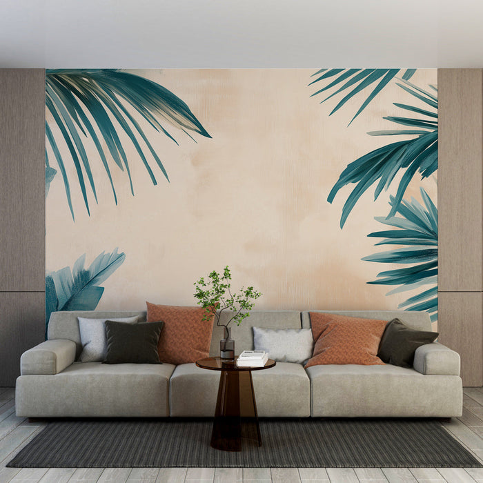 Falfestmény tapéta bézs pálmafás mintákkal | Dús levelek és megnyugtató árnyalatok