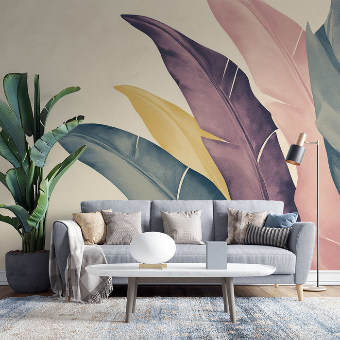 Falfestmény tapéta bézs | Művészi levelek lágy és modern tónusokkal