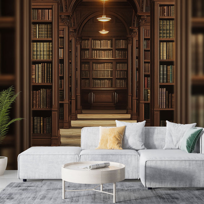 Tapettikirjasto | Lämmin tunnelma puisilla hyllyillä, jotka on koristeltu vanhoilla kirjoilla