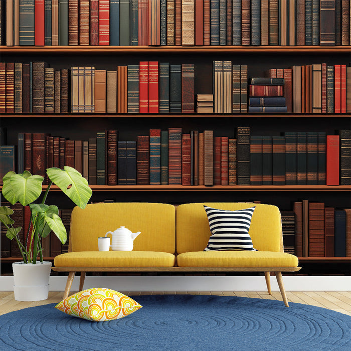 Tapete Bibliothek | Elegantes Bücherregal mit Vintage-Einbänden