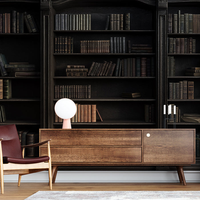 Fotoruudu tapeet raamatukogu | Tume puidust riiul, millel on kaunistatud vanad raamatud