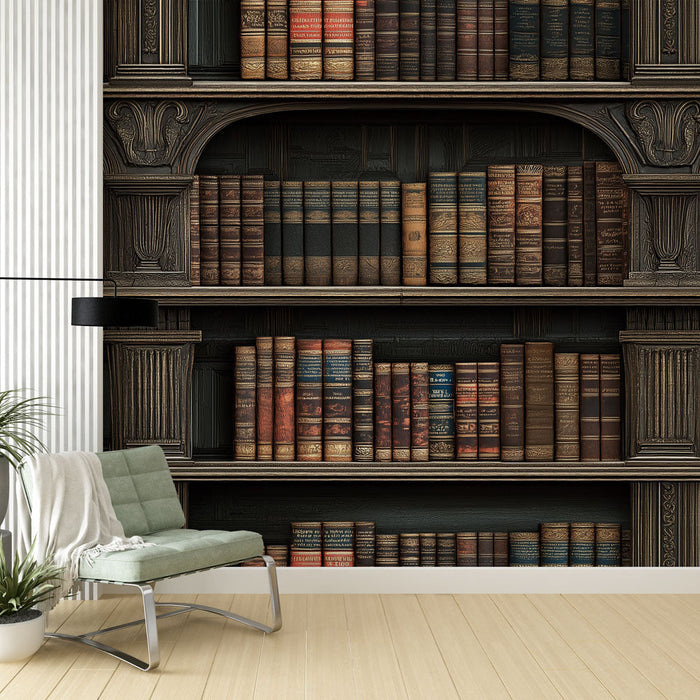 Tapete Bibliothek | Holzregale gefüllt mit alten Büchern