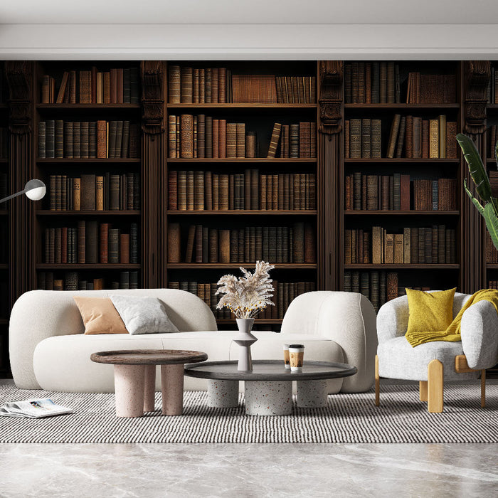 Foto Behang bibliotheek | Donkere houten planken gevuld met oude boeken