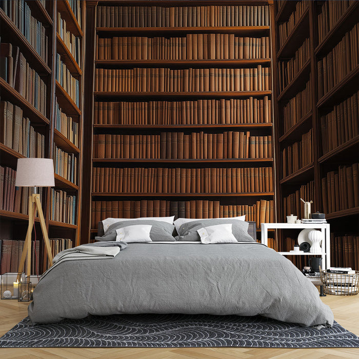 Tapetti kirjasto | Hyllyt täynnä kirjoja lämpimissä sävyissä