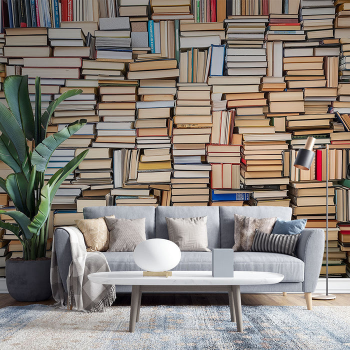 Foto Behang bibliotheek | Rommelige boekenwand