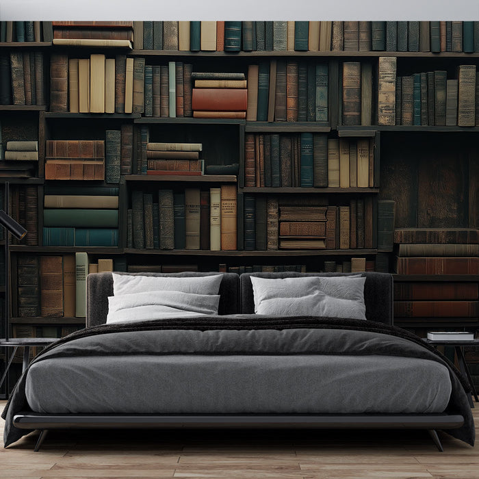 Tapetenbibliothek | Regal reich bestückt mit antiken Büchern