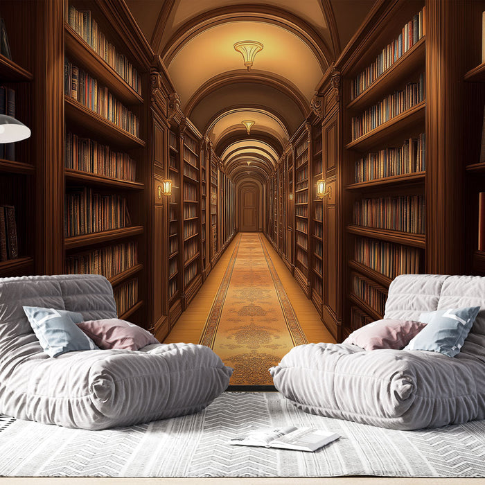 Carta da parati biblioteca | Un corridoio di libri in un'atmosfera calda