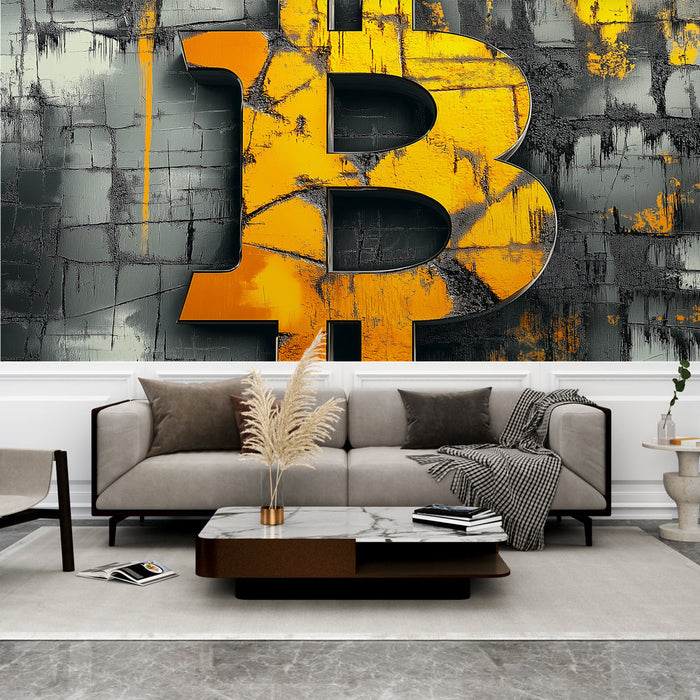 Papel pintado Bitcoin | Letras elevadas estilizadas sobre un fondo gris y naranja texturizado