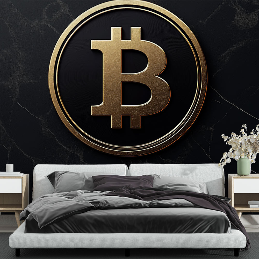 Papel de parede Bitcoin | Logotipo do Bitcoin em ouro sobre fundo pret —  WonderMural