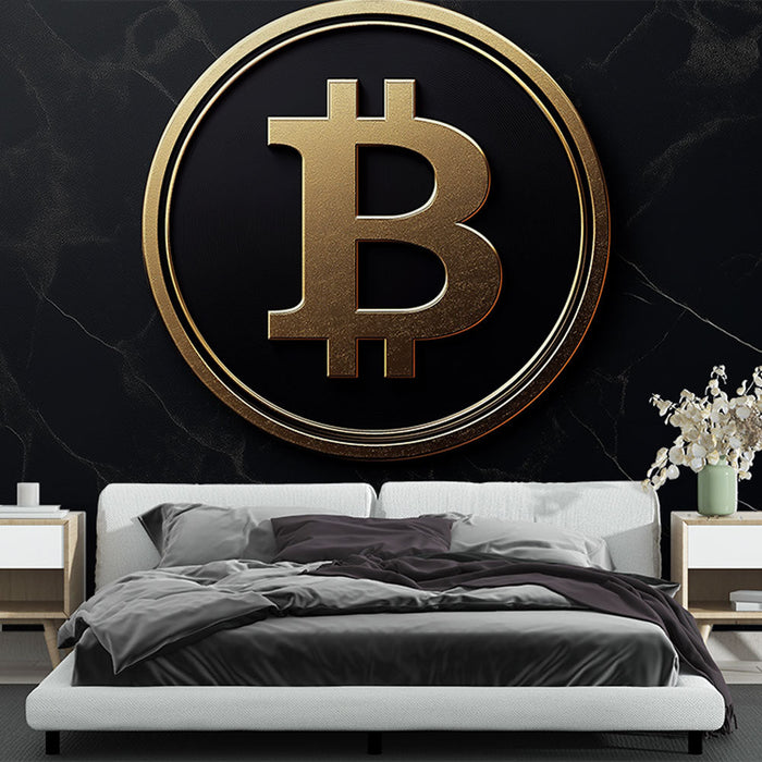 Fototapeet Bitcoin | Bitcoini logo kuldse taustaga mustal taustal