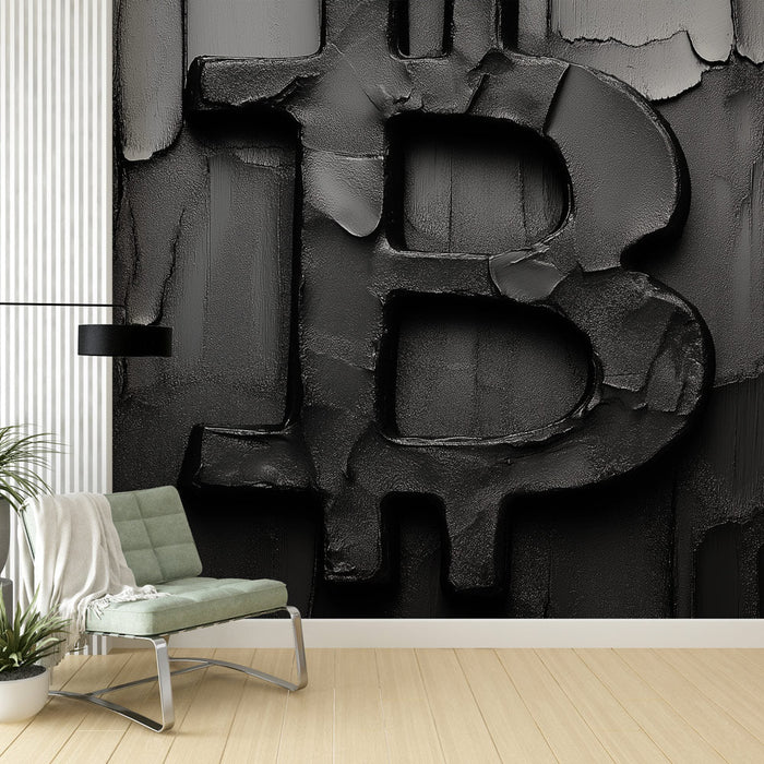 Mural Wallpaper bitcoin | Embossed Bitcoin Logo on black textured background