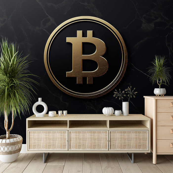 Tapet Bitcoin | Gyldent symbol på elegant sort baggrund