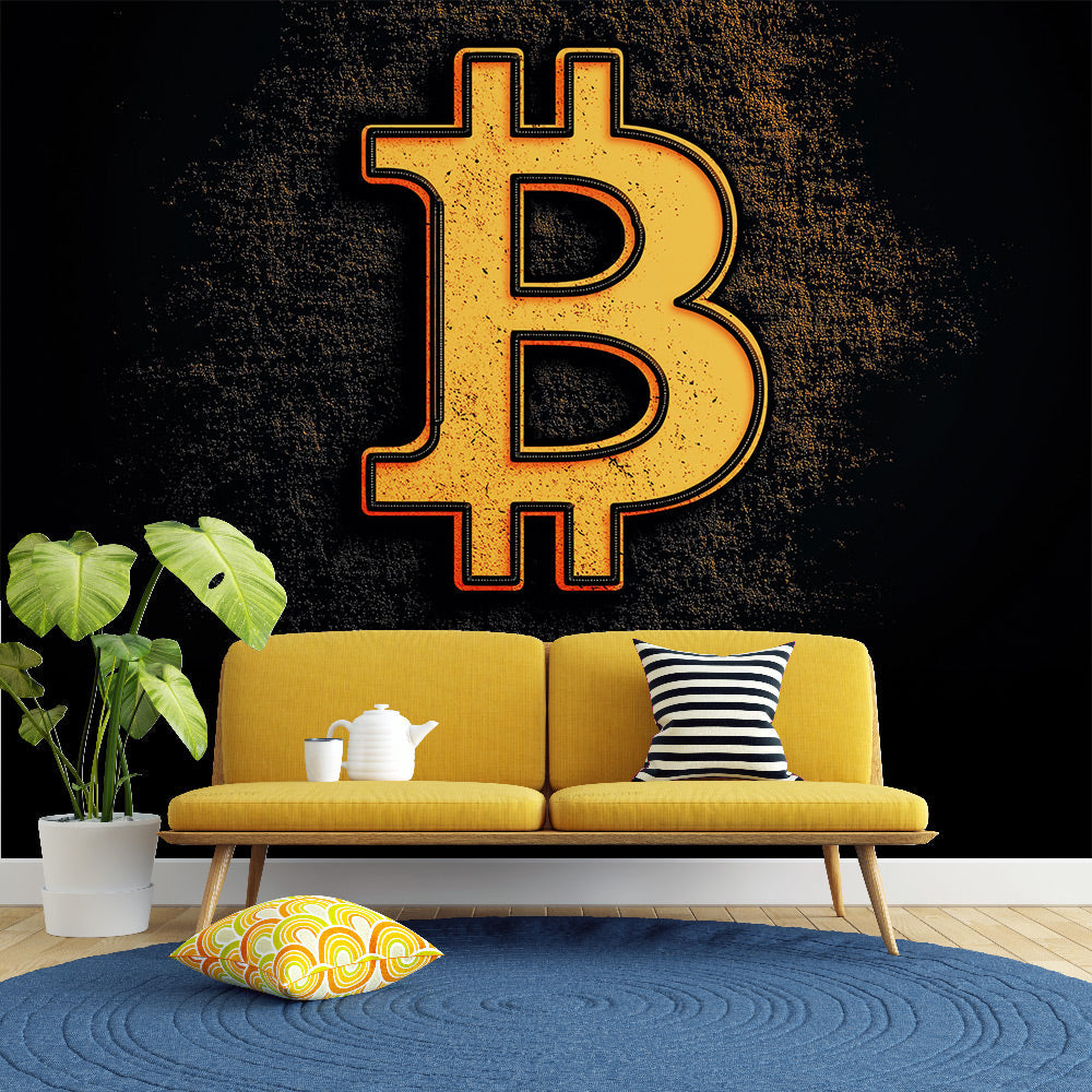 Mural Wallpaper Bitcoin | Iconic symbol of Bitcoin in gold on a dark b —  WonderMural