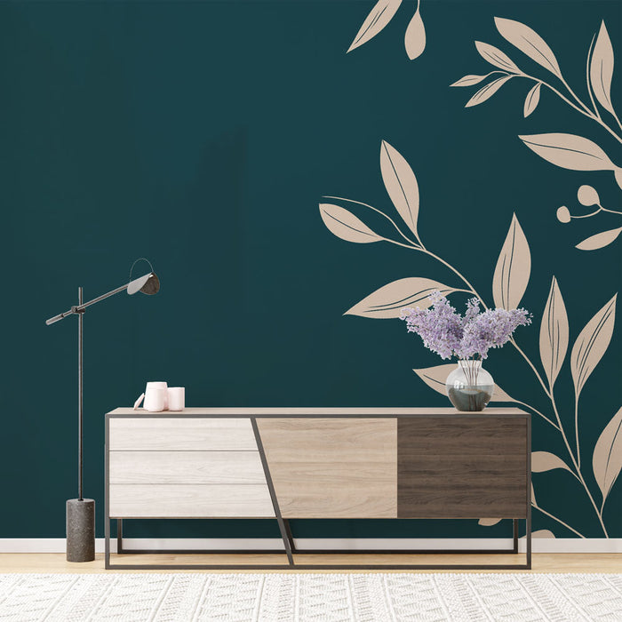 Ταπετσαρία τοίχου μπλε τιρκουάζ με λεπτό φύλλωμα | Κομψά λουλουδάτα μοτίβα σε σκούρο φόντο