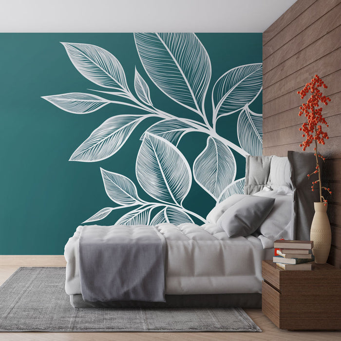 Papel pintado azul verde con follaje | Delicados patrones de hojas en blanco sobre fondo azul verde