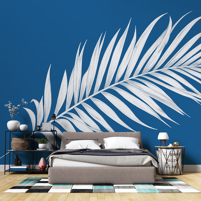 Falfestmény tapéta kékeszöld színben levélmintával | Trópusi elegancia fehér kontraszttal