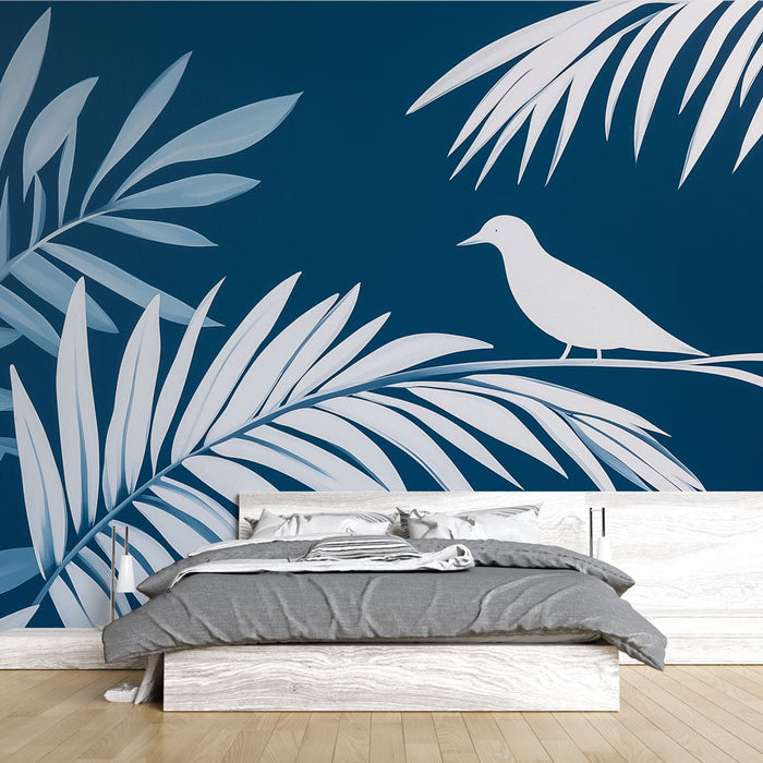 Ταπετσαρία τοίχου σε μπλε-πράσινο με μοτίβα φυλλωμάτων και πουλιών | Μινιμαλιστική τροπική κομψότητα