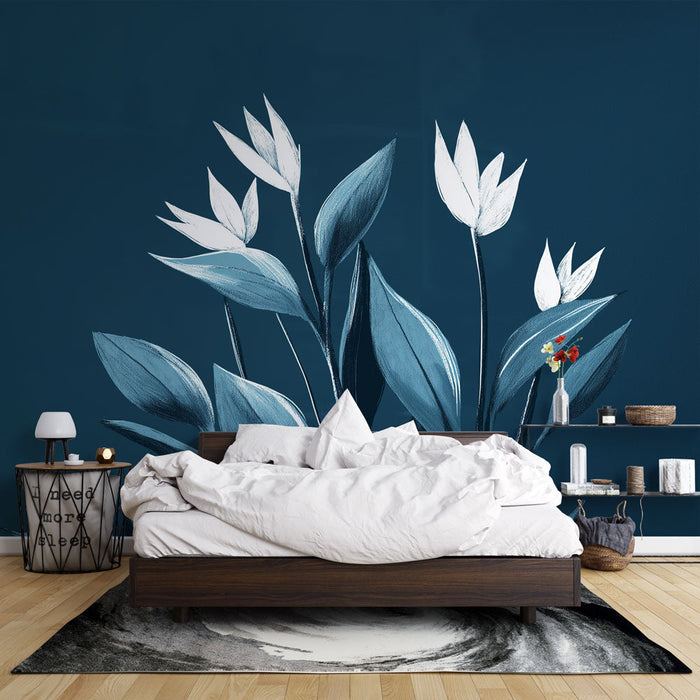 Tapeta modrozelená | Elegantní stylizované květiny na tmavě modrém pozadí