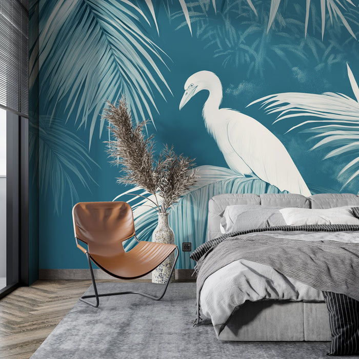 Fototapet teal blue | Hvit fugl på tropisk bakgrunn