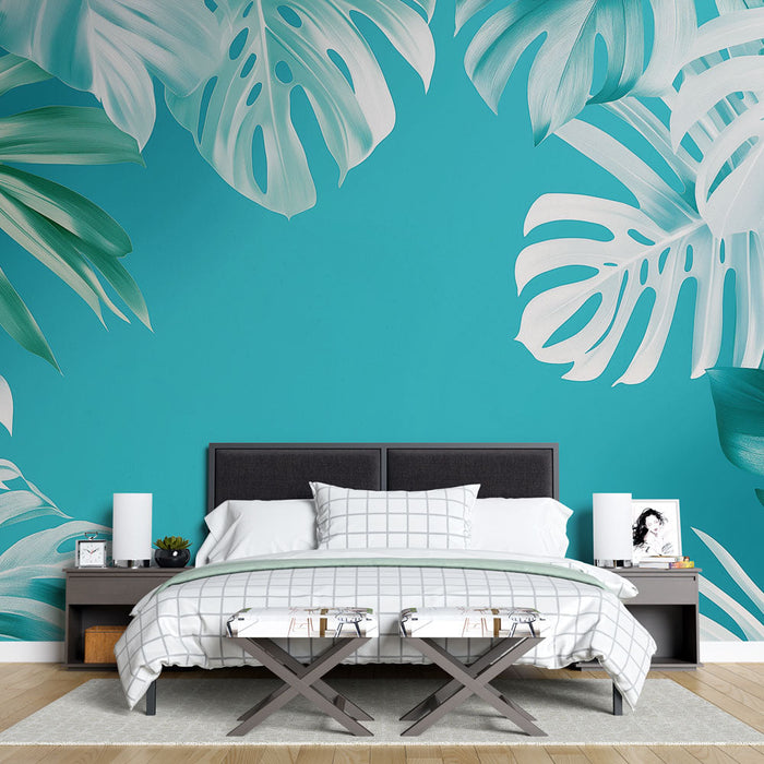 Papel de parede azul-petróleo | Folhagem exótica em fundo turquesa