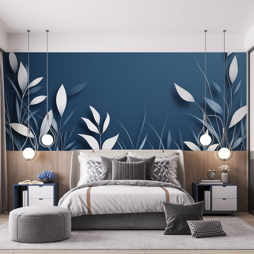 Papel de parede azul petróleo | Folhagem branca moderna em relevo —  WonderMural, image size:1000x1000