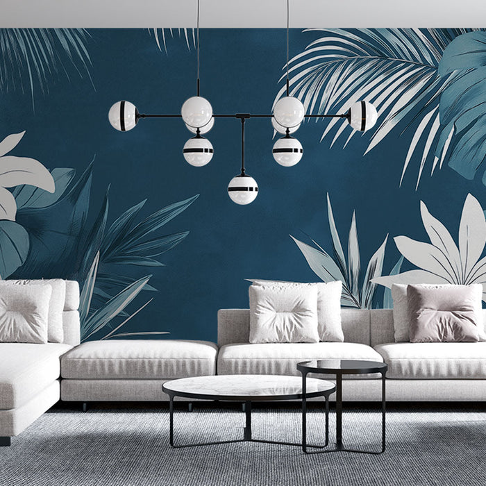 Papel de parede azul petróleo | Folhagem tropical elegante e flores estilizadas