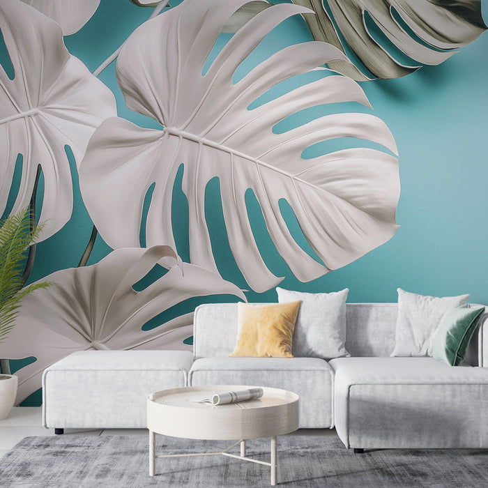 Fototapet teal blue | Hvide monstera blade på turkis baggrund