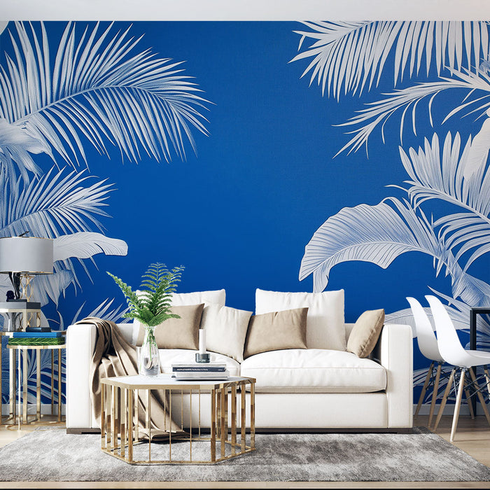 Carta da parati blu teal | Eleganti foglie bianche su sfondo blu profondo