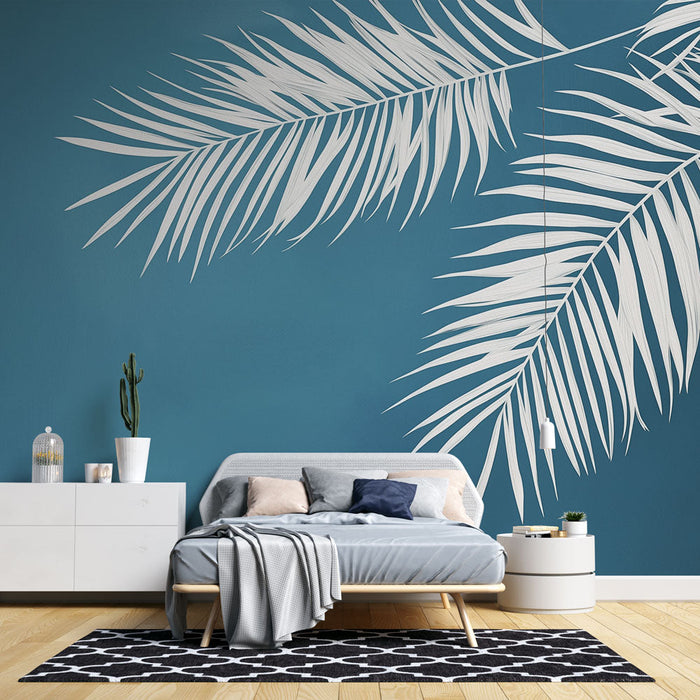 Mural Wallpaper teal blue | Elegant white leaves on blue background