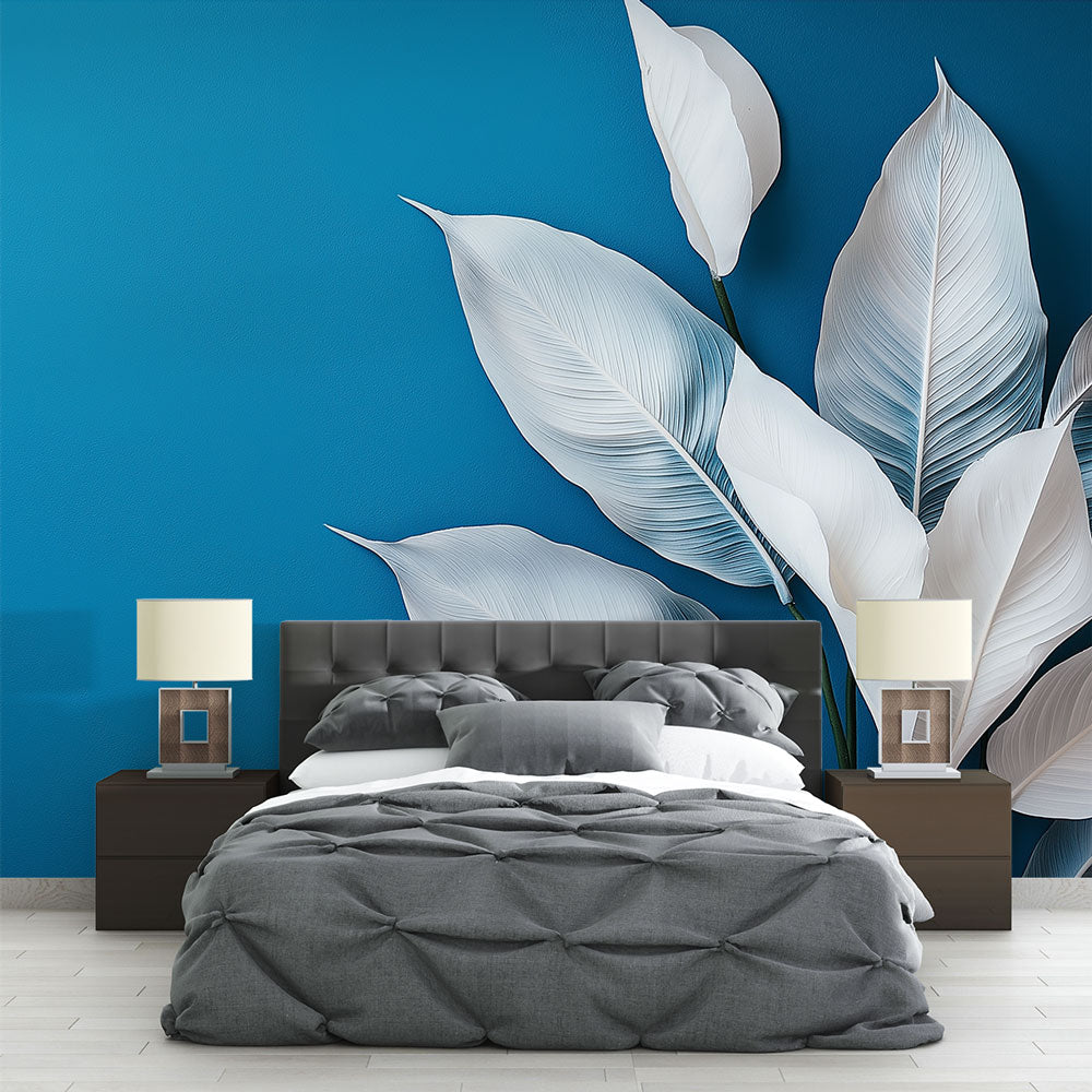 Papel de parede azul petróleo | Folhas brancas estilizadas — WonderMural, image size:1000x1000