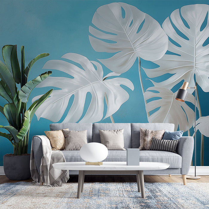 Tapete tealblau | Weiße Blätter auf tealblauem Hintergrund