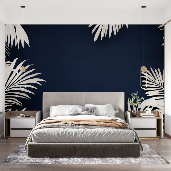Tapet teal albastru | Frunze albe pe fundal albastru închis