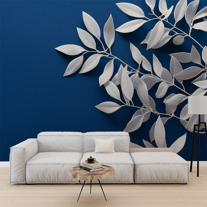 Tapet albastru teal | Frunze albe pe fundal albastru