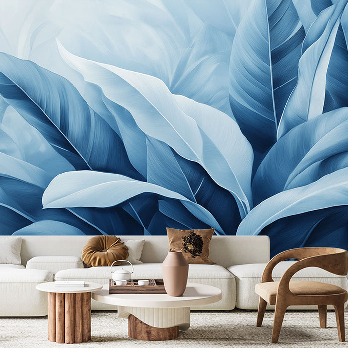 Muraaltapeet sinakasroheline | Stiliseeritud sinised lehed rahustavate toonidega