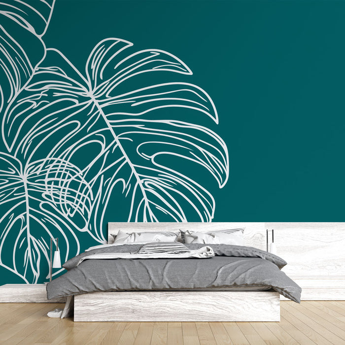 Nástěnná tapeta modro-zelená | Listy monstery s elegantním obrysem