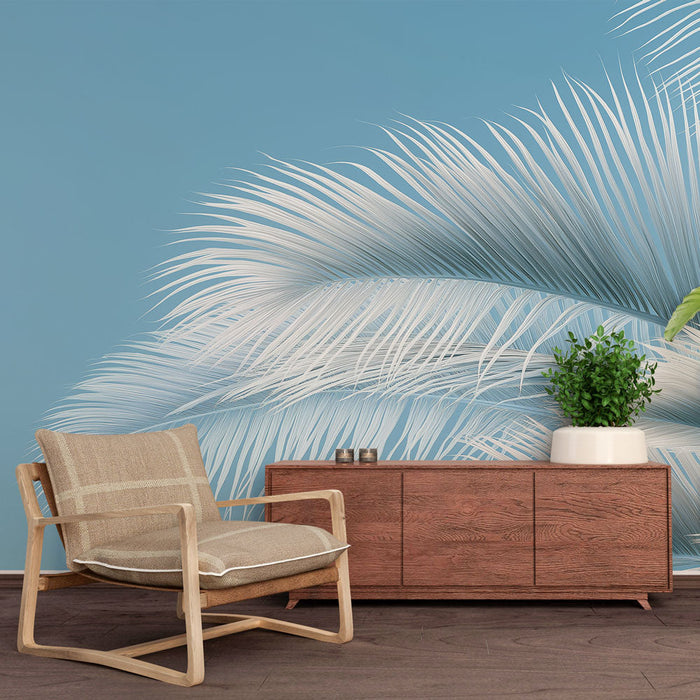 Fototapet teal mavi | Hafif mavi arka plan üzerinde zarif palmiye yaprakları