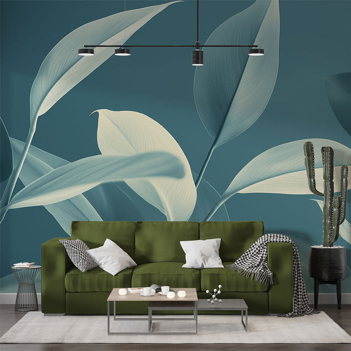 Papel de parede azul petróleo | Folhas delicadas com tons suaves