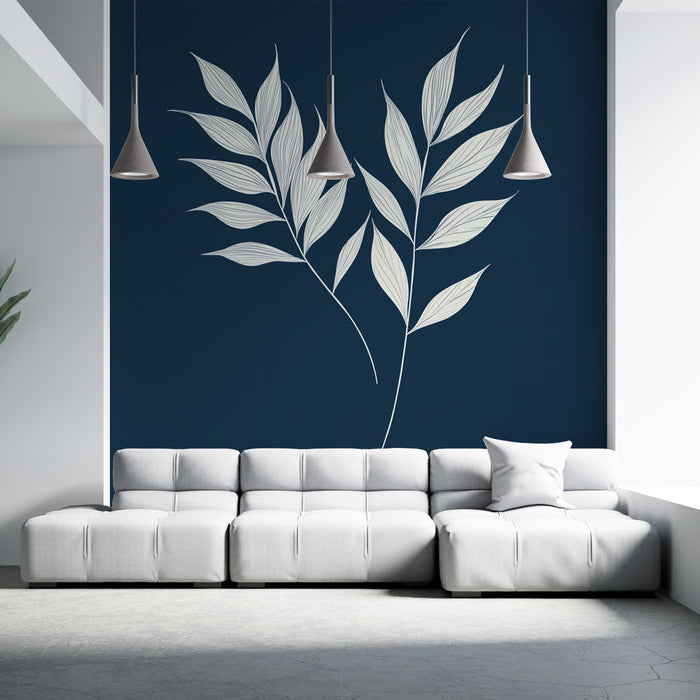 Tapetti teal sininen | Hienovaraiset valkoiset lehdet syvän sinisellä taustalla