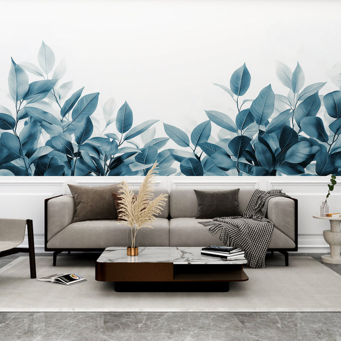 Carta da parati blu teal | Foglie delicate in tonalità rilassanti