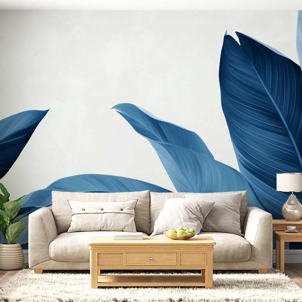 Papel de parede azul petróleo | Folhas elegantes em tons de azul —  WonderMural, image size:1000x1000