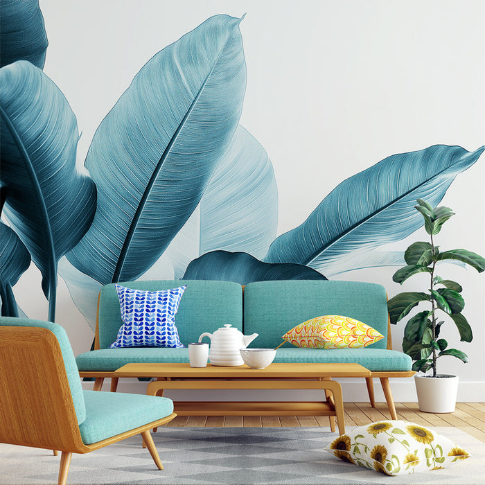 Mural Wallpaper teal blue | Elegant and contemporary leaves