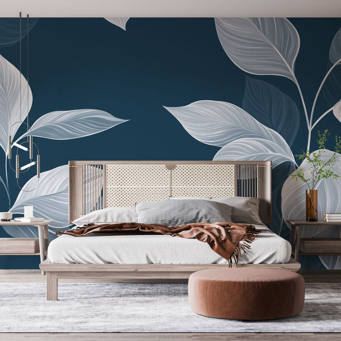 Ταπετσαρία τοίχου μπλε τιρκουάζ | Κομψά φύλλα και λεπτές γραμμές