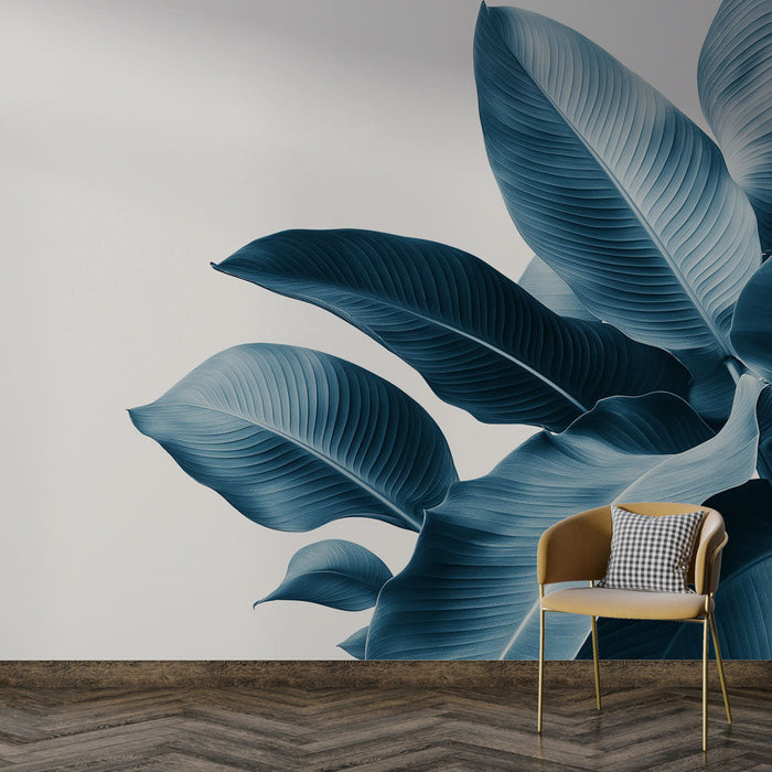 Carta da parati blu teal | Foglie eleganti su sfondo chiaro
