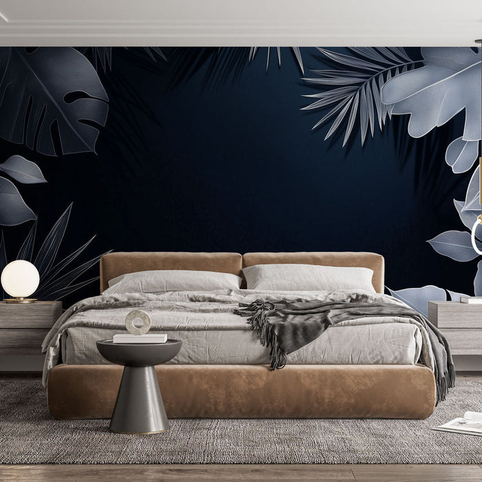 Carta da parati blu teal | Foglie eleganti su sfondo scuro